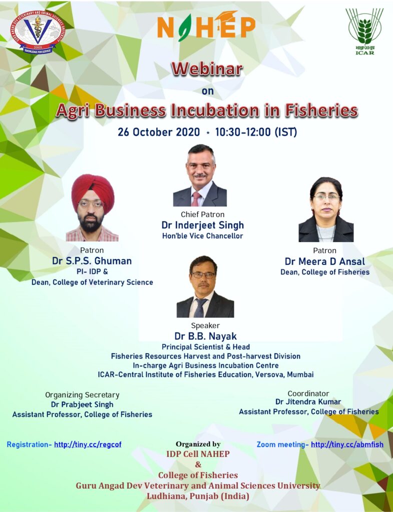 26 Oct 2020 - Agri Business Incubation in Fisheries - IDP GADVASU